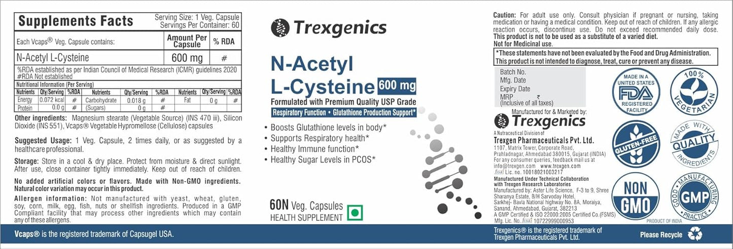 Trexgenics N-ACETYL L-CYSTEINE 600 mg Respiratory Health, Glutathione Production, Immunity, (60 Veg. Capsules) (Pack of 1)