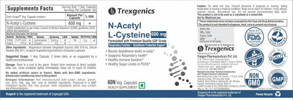 Trexgenics N-ACETYL L-CYSTEINE 600 mg Respiratory Health, Glutathione Production, Immunity, (60 Veg. Capsules) (Pack of 1)
