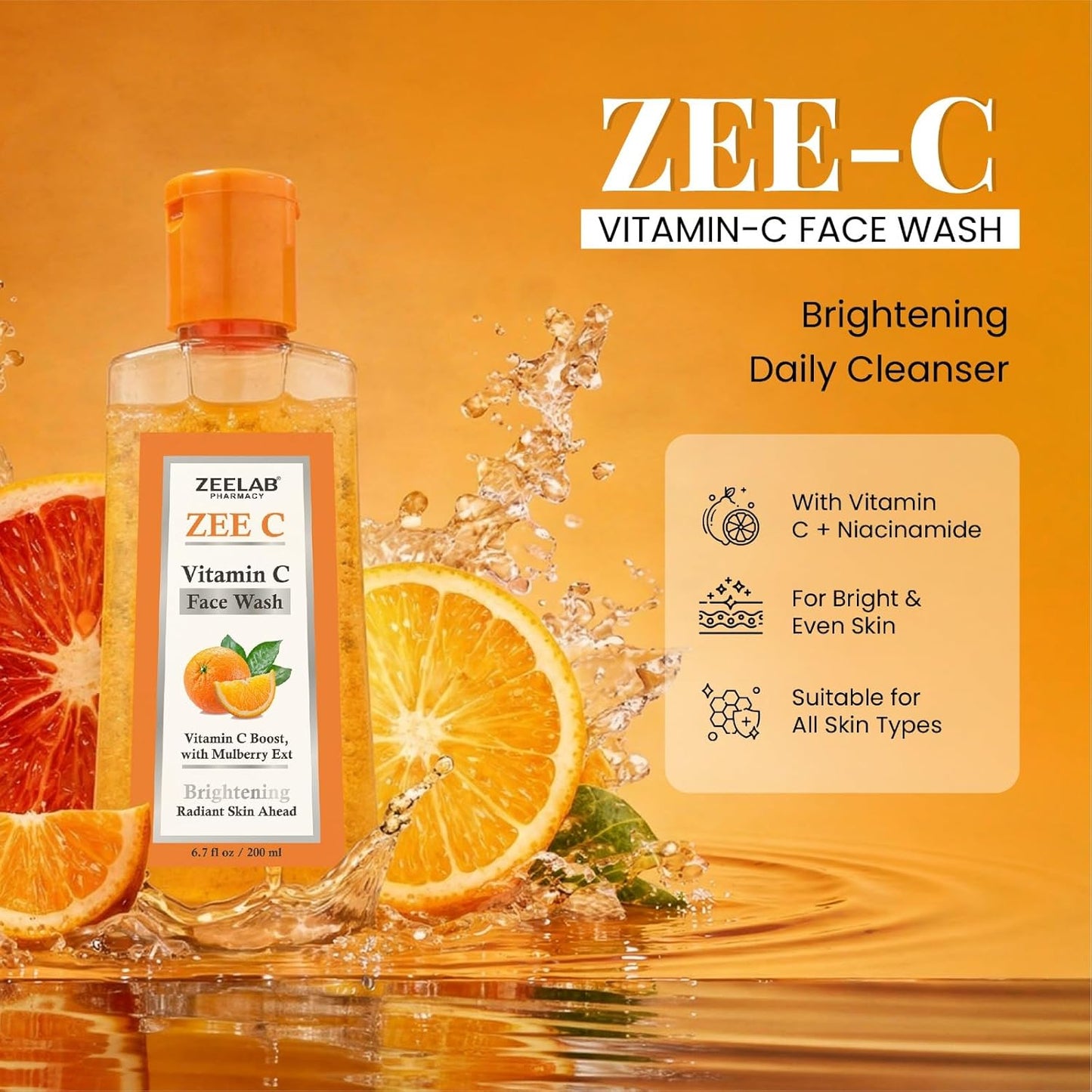 ZEE C Vitamin C Face Wash bottle with oranges and water splash on an orange background
