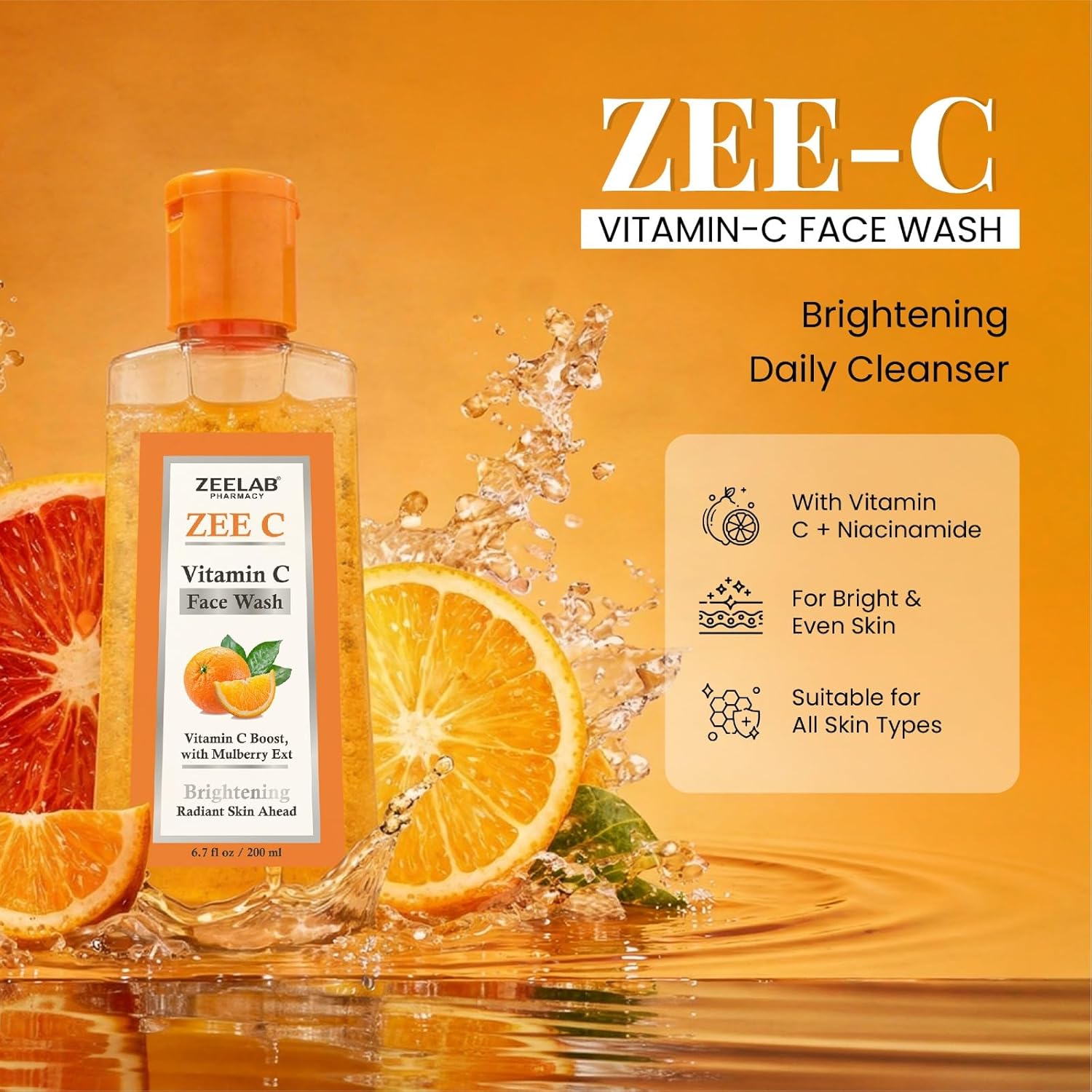 ZEE C Vitamin C Face Wash bottle with oranges and water splash on an orange background
