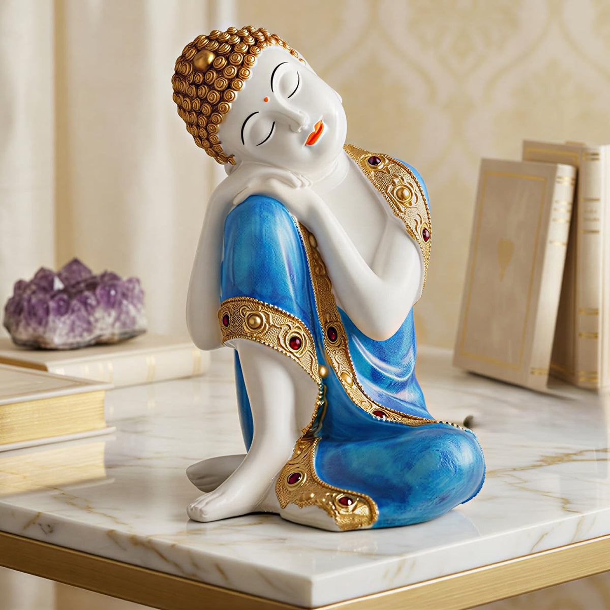 Buddha Idol Statue | Show Pieces for Home Decor Living Room (Blue White Glossy)
