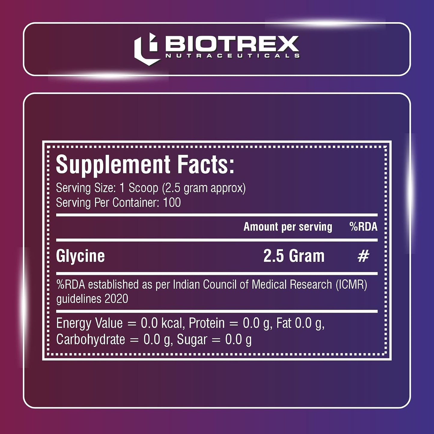 Biotrex Nutraceuticals Glycine Pure Amino Acid Powder | Muscle Recovery & Relaxation | Neurotransmitter Support & Restful Sleep | Enhances Energy & Strength | Unflavoured, Gluten Free - 250 gram (100 Servings)