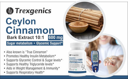 Trexgenics Ceylon Cinnamon Bark Extract advertisement with product packaging and a person holding a blood sugar monitor.
