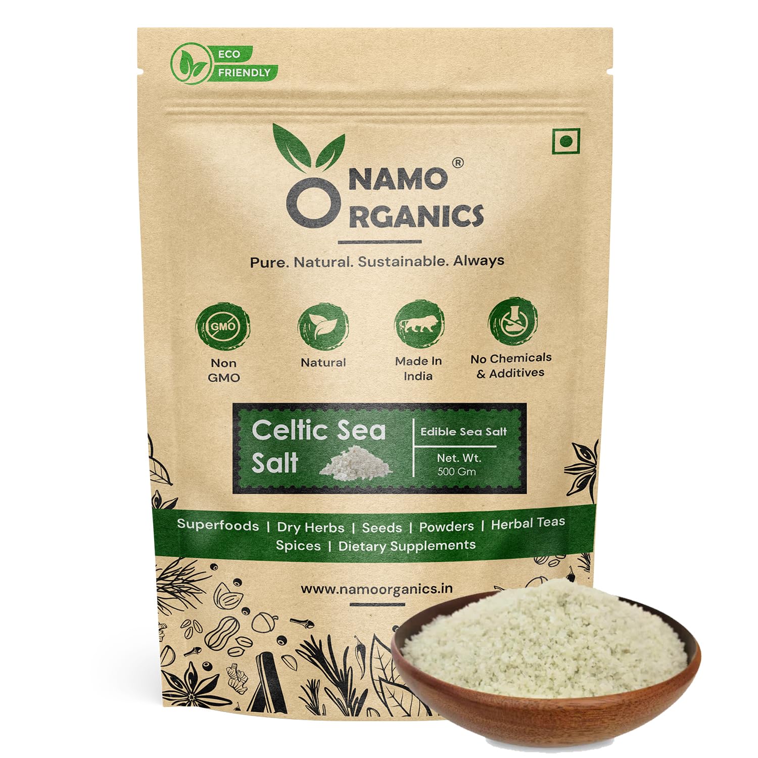 Namo Organics Celtic Sea Salt packaging with a bowl of salt on a white background