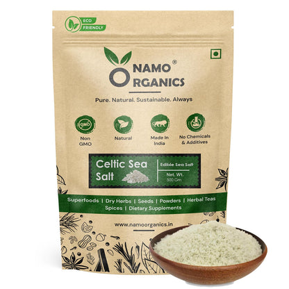 Namo Organics Celtic Sea Salt packaging with a bowl of salt on a white background