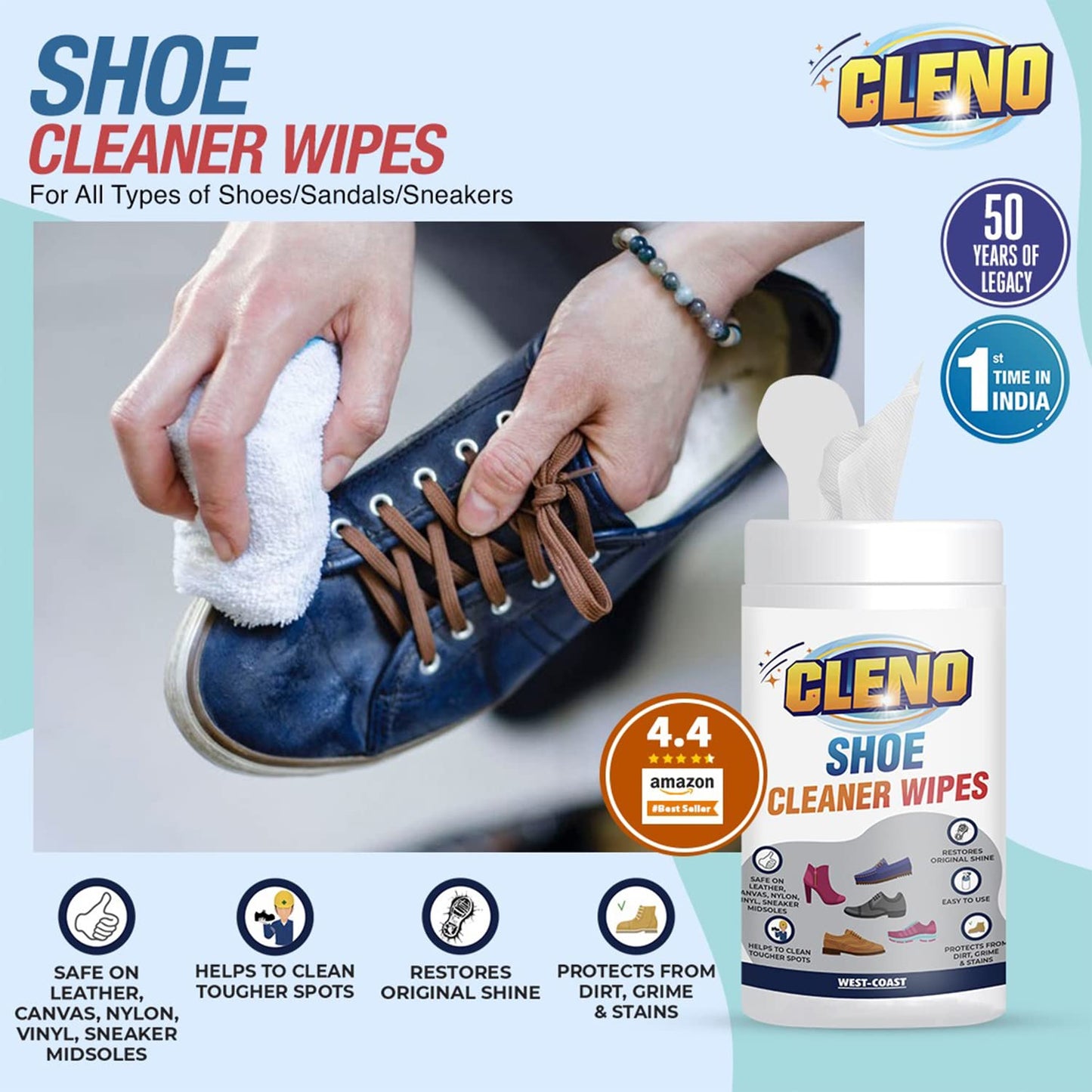 Cleno Shoe Cleaner Wipes | Shoe wipes for all shoes | Sneaker Cleaner- Wet Wipes for Cleaning | removes dirt & stain | White Shoe Cleaner Wipes | For All Shoes – 50 Wipes