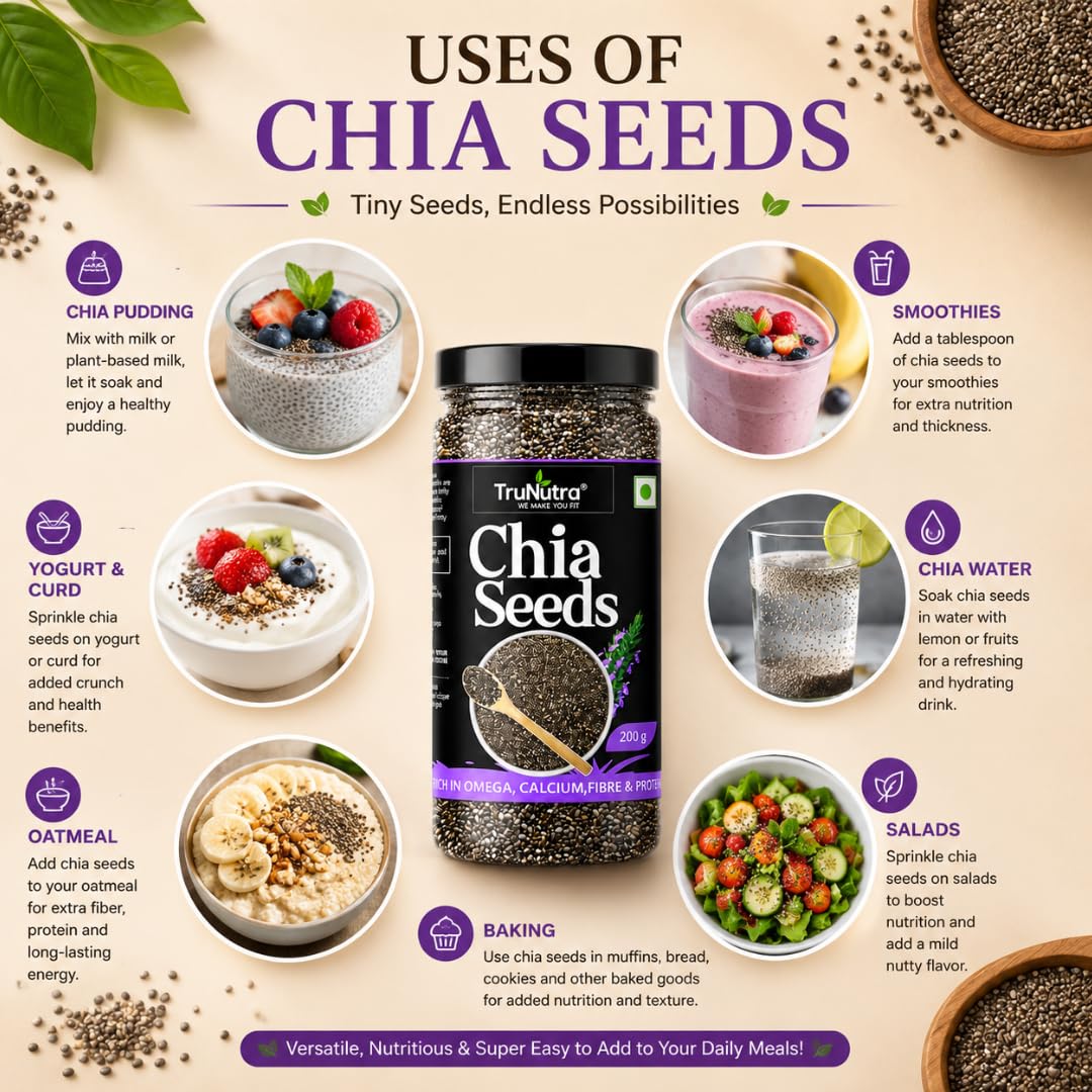 TruNutra Chia Seeds 200g | Omega-3, Fiber & Protein Rich Superfood for Eating | Supports Digestion, Weight Management, Bone Strength & Energy | Vegan | Non-GMO