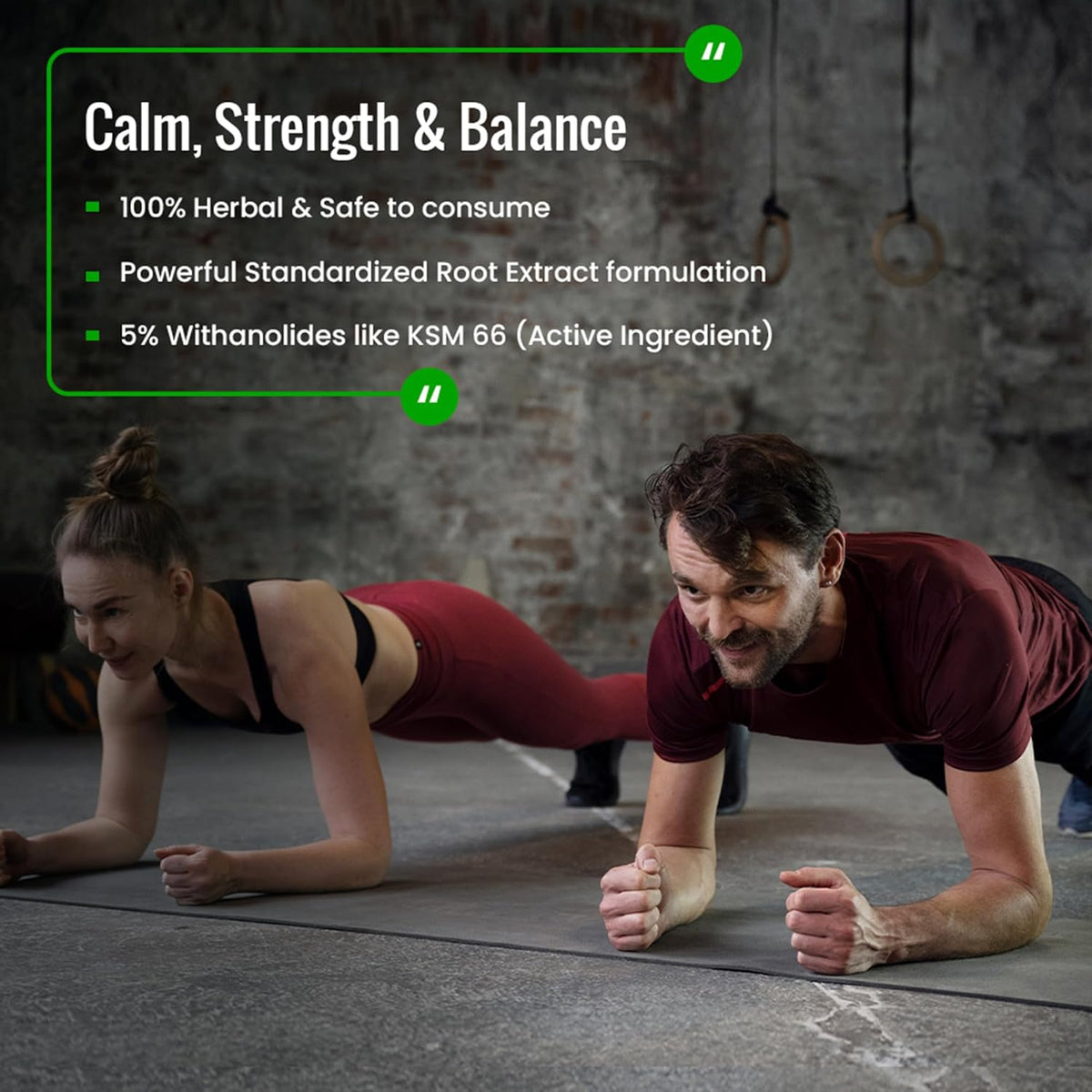 Two people in a plank position with promotional text about a product on a dark background