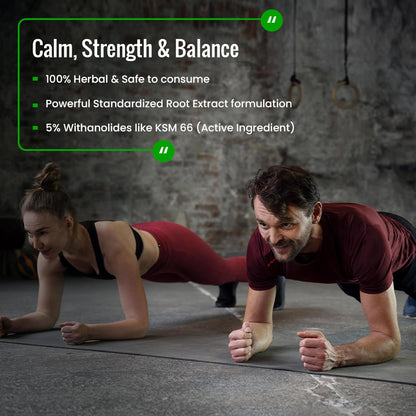 Two people in a plank position with promotional text about a product on a dark background