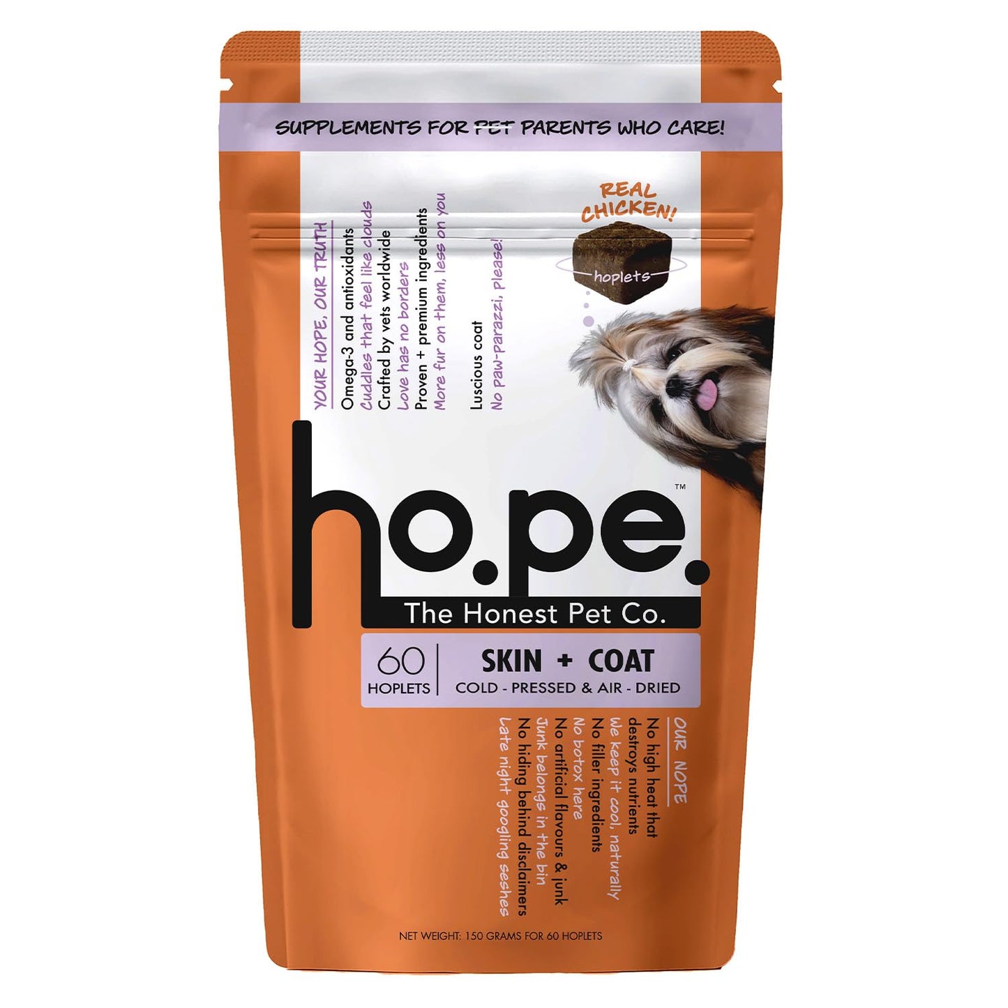 Hope Skin & Coat Supplement for Dogs 60 Chicken hoplets | Pet Chews for Skin Allergies, Itching & Scratching Relief | Biotin, Collagen, Omega 3 & 6 | Cold-Pressed| Hypoallergenic |Honest Pet Co
