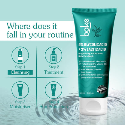 BAKE 5% Glycolic Acid Face Wash for Dark Spots & Pigmentation | For Tan Removal & Dull Skin | Daily Brightening & Glowing Face Wash - 100ml