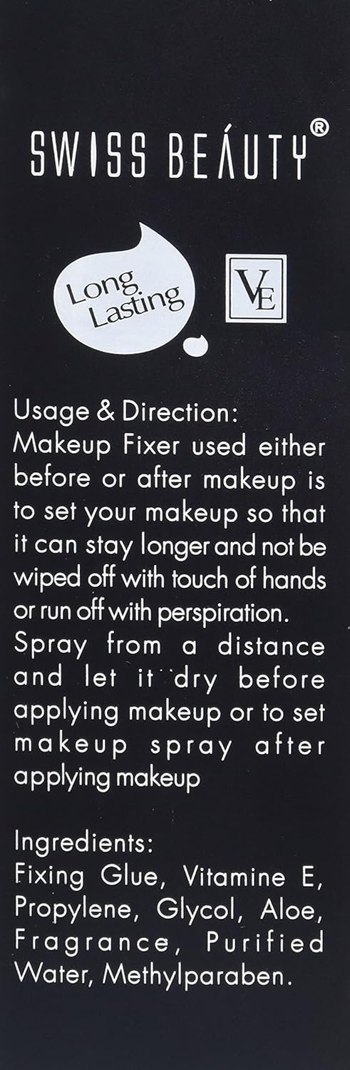 Swiss Beauty makeup fixer label with usage directions and ingredients list on a black background