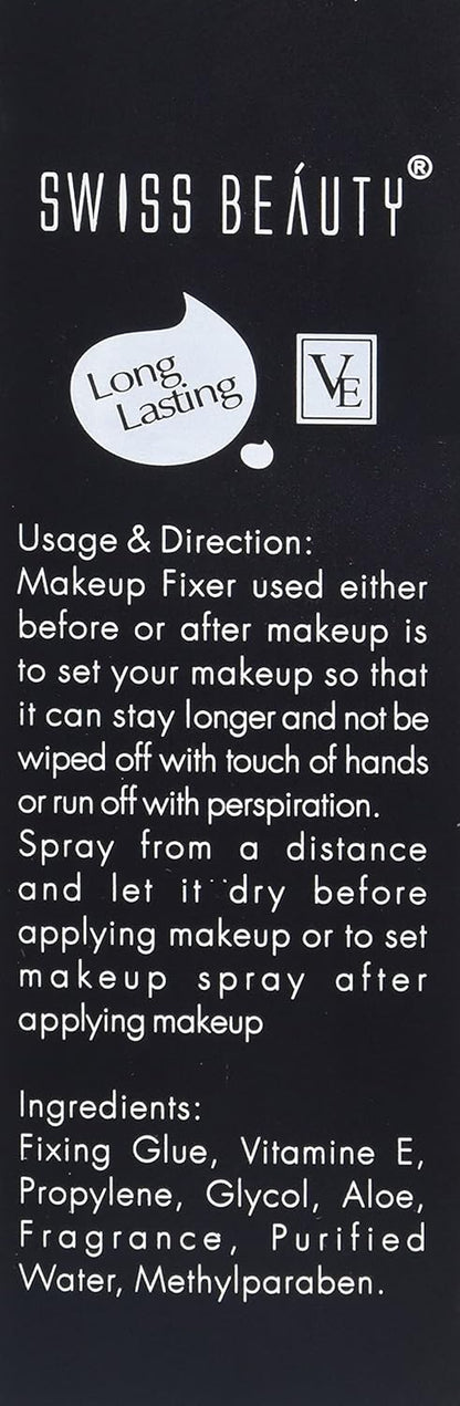 Swiss Beauty makeup fixer label with usage directions and ingredients list on a black background