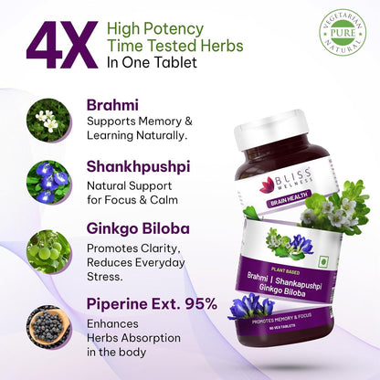 Bliss Welness Brain Booster | Memory, Focus & Concentration Support | Nootropic Supplement for Anxiety Relief & Calmness, Mood Support | Brahmi, Shankpushpi, Ginkgo Biloba & Piperine (1 Month Pack (60 Tablets))
