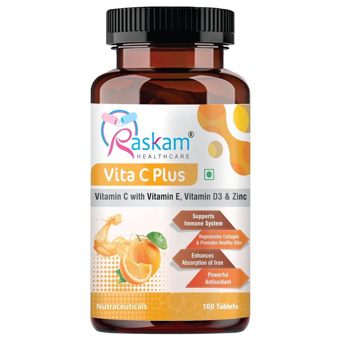 Vitamins bottle labeled 'Raskam Vita C Plus' on a white background