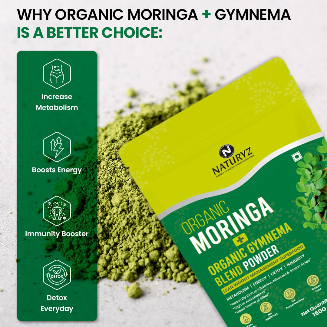 Naturyz Organic Moringa + Gymnema blend powder packaging with health benefits listed.