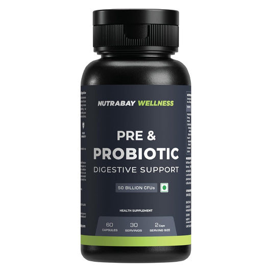 Black supplement bottle labeled 'Pre & Probiotic' by Nutrabay Wellness on a white background