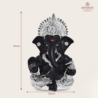 999 Silver Plated Resin Lord Ganesha Idol for Car Dashboard, Tabletop|Ganesh Statue for Good Luck and Success|Ganpati Murti for Home Decor Mandir, Office Desk Puja Gift Black (8.4x4.2cm)