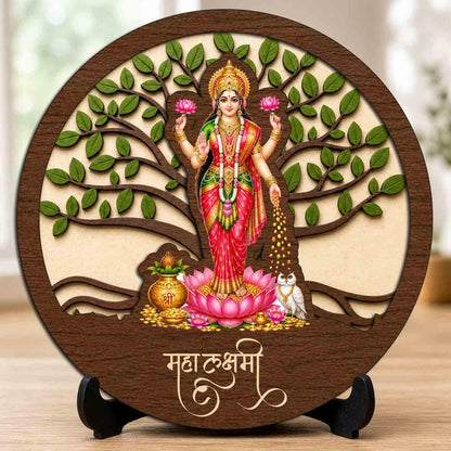 Plan To Gift Lakshmi Maa Wooden Idol with Stand for Home Temple, Puja Room, Office Desk & Indoor Mandir Decor - 5x5 Inch