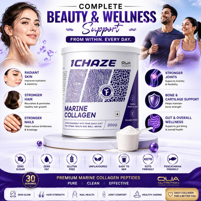 QUA Nutrition 1Chaze Marine Collagen Powder | Natural Collagen Supplements for Women & Men | Type 1 Peptides for Skin, Hair, Nails, Joints | Gluten-Free, Zero Sugar, Keto Friendly | 10g x 25 Servings