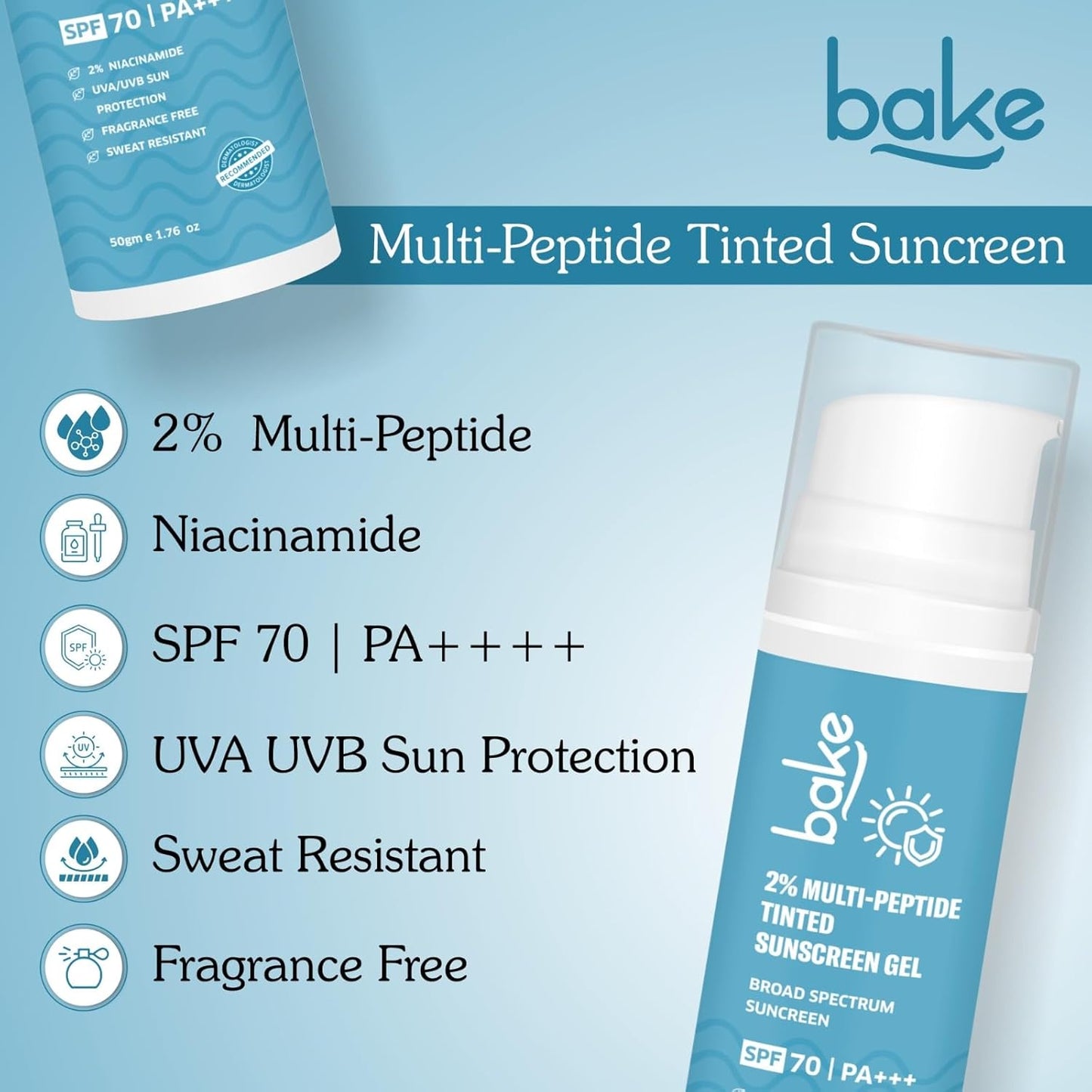 BAKE 2% Multi Peptide Tinted Sunscreen SPF 70 PA+++ with 2% Niacinamide | Water & Sweat Resistant, Broad Spectrum Sunscreen | For All Skin Types | For Men & Women - 50g