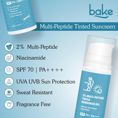 BAKE 2% Multi Peptide Tinted Sunscreen SPF 70 PA+++ with 2% Niacinamide | Water & Sweat Resistant, Broad Spectrum Sunscreen | For All Skin Types | For Men & Women - 50g