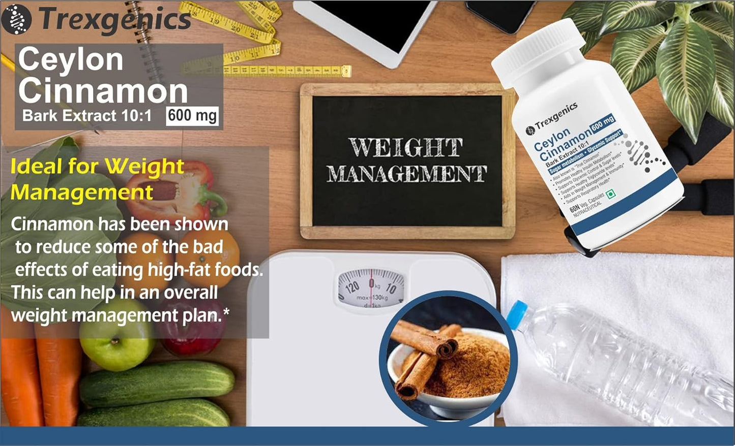 Trexegenics Ceylon Cinnamon product with weight management theme on a wooden table.
