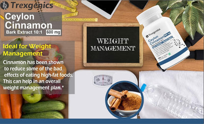Trexegenics Ceylon Cinnamon product with weight management theme on a wooden table.