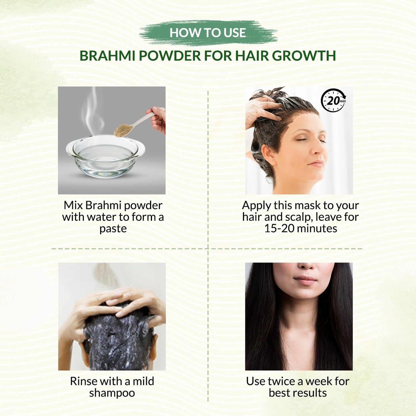 Instructions on how to use Brahmi powder for hair growth with step-by-step images.