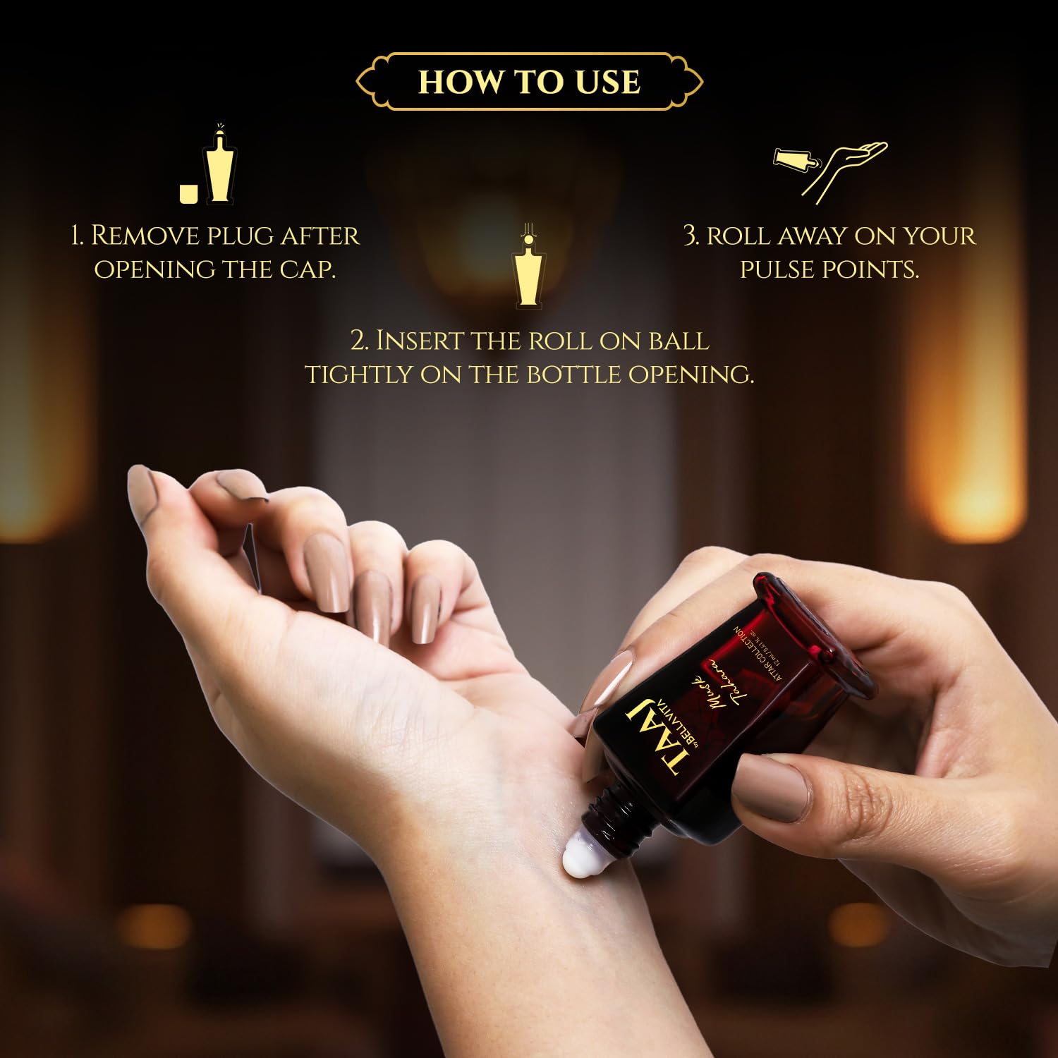 Instructions on how to use a roll-on bottle with hands applying it.