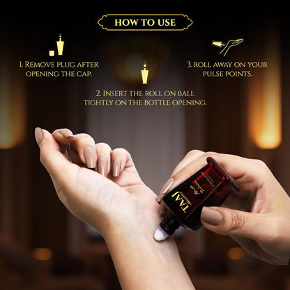 Instructions on how to use a roll-on bottle with hands applying it.