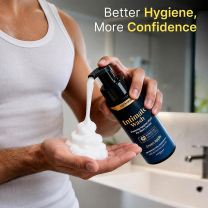 MENHOOD Intimate Wash for Men 150 ML| Tea Tree Oil Essential Neem Oil | Men Genital Wash |Mens Ball Hygiene |Anti-Fungal Foaming Wash | PH Balanced |Skin Brightening | Long- Lasting Freshness (Green Apple)