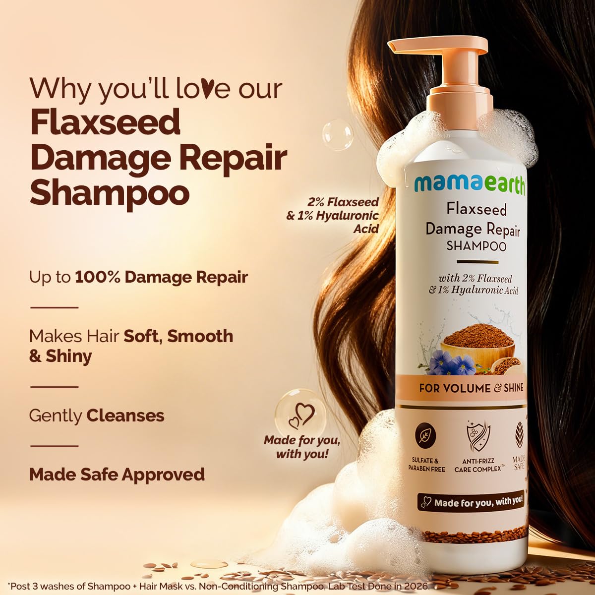 Mamaearth Flaxseed Damage Repair Shampoo with 2% Flaxseed, 1% Hyaluronic Acid, Ceramides for Volume & Shine | 100% Damage Repair | Soft, Smooth & Shiny Hair | Dry & Frizzy Hair | Sulphate & Paraben Free | 250 ml
