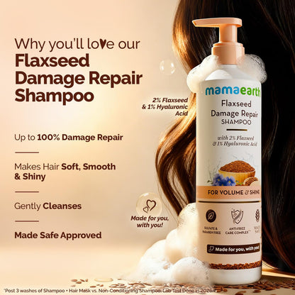 Mamaearth Flaxseed Damage Repair Shampoo with 2% Flaxseed, 1% Hyaluronic Acid, Ceramides for Volume & Shine | 100% Damage Repair | Soft, Smooth & Shiny Hair | Dry & Frizzy Hair | Sulphate & Paraben Free | 250 ml