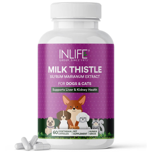 INLIFE Milk Thistle Capsules for Dogs & Cats | Liver Detox Supplement & Kidney Health, 400mg - 60 Vegetarian Capsules