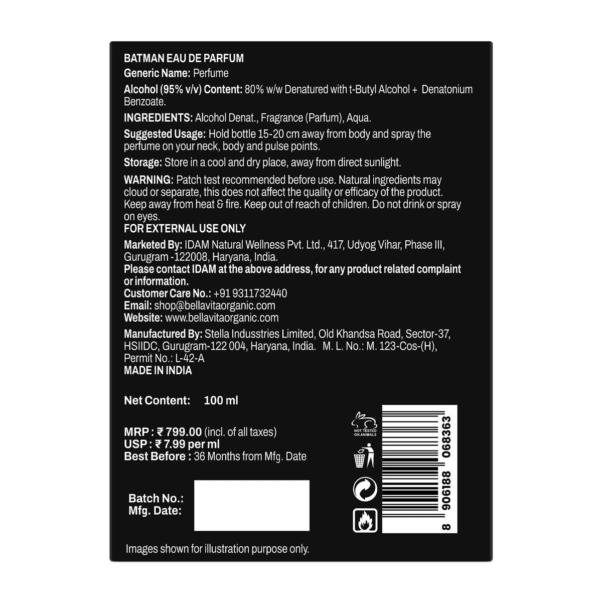 Back label of Batman Eau de Parfum packaging with text and product details.