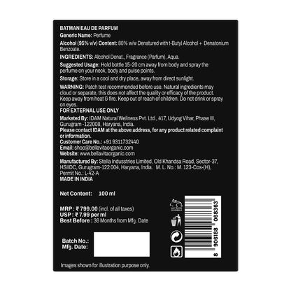 Back label of Batman Eau de Parfum packaging with text and product details.