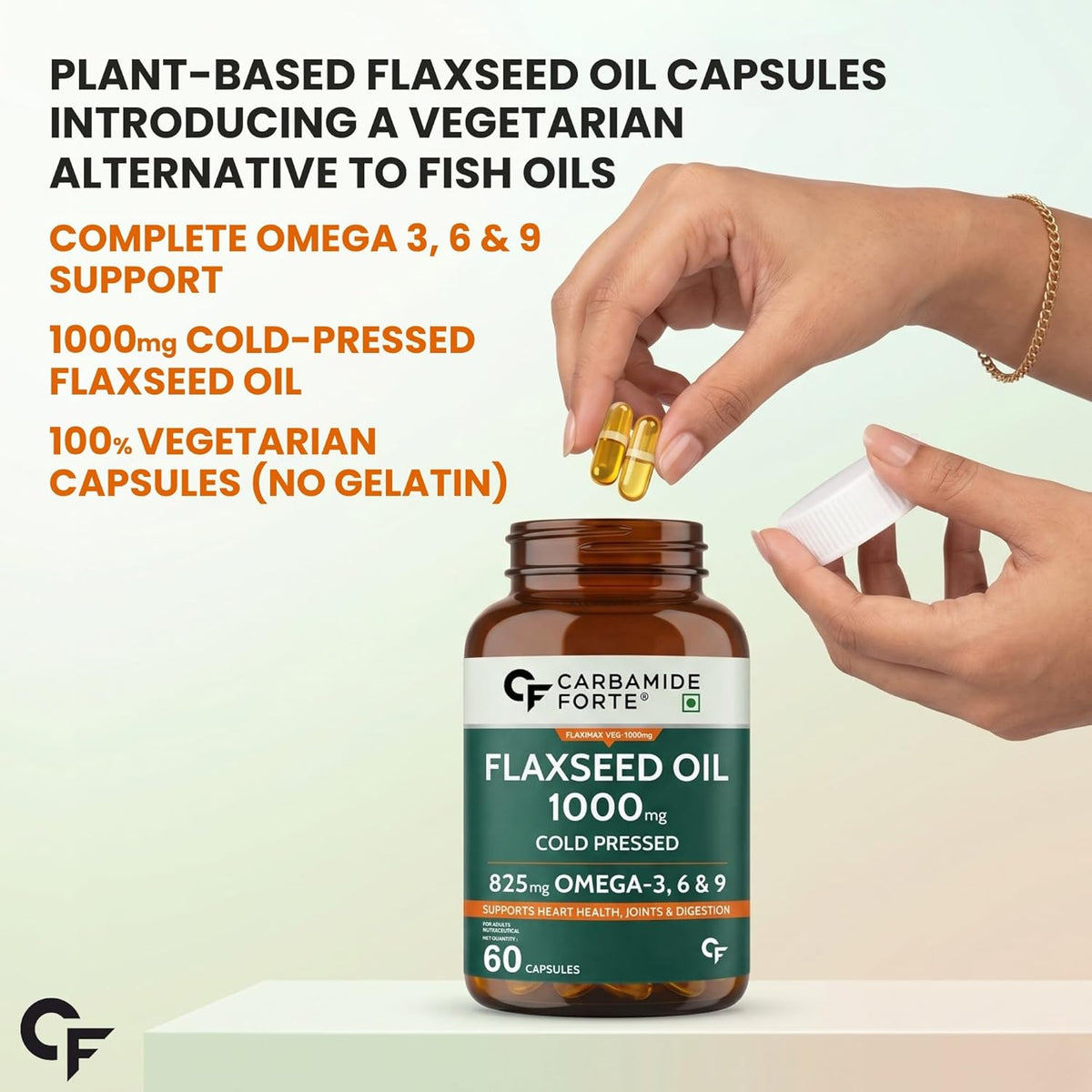 Carbamide Forte Flaxseed Oil Capsules – 1000mg Cold Pressed | omega 3 vegetarian capsules | flax seed oil with Omega 3, 6 & 9 | No Fishy Burps | Supports Heart Health, Joints & Digestion - 60 Capsules