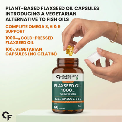 Carbamide Forte Flaxseed Oil Capsules – 1000mg Cold Pressed | omega 3 vegetarian capsules | flax seed oil with Omega 3, 6 & 9 | No Fishy Burps | Supports Heart Health, Joints & Digestion - 60 Capsules