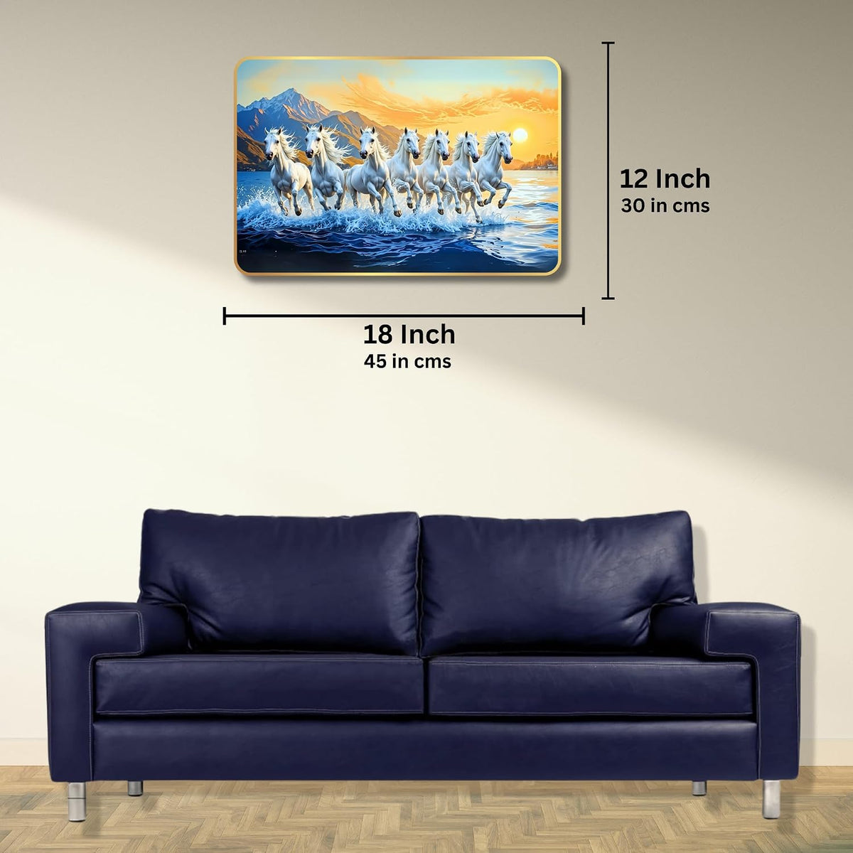 7 Running Horses MDF Wall Art 12x18 Inch | Golden Border Vastu Painting for Home & Office Décor | Modern Elegant Wall Hanging Frame for Living Room, Bedroom (Design 2)