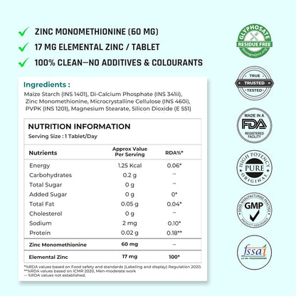 Naturaltein Zinc Monomethionine 60 mg | 17 mg Elemental Zinc per Tablet | Supports Immune Health, Antioxidant Protection & Skin Wellness | 30 Count