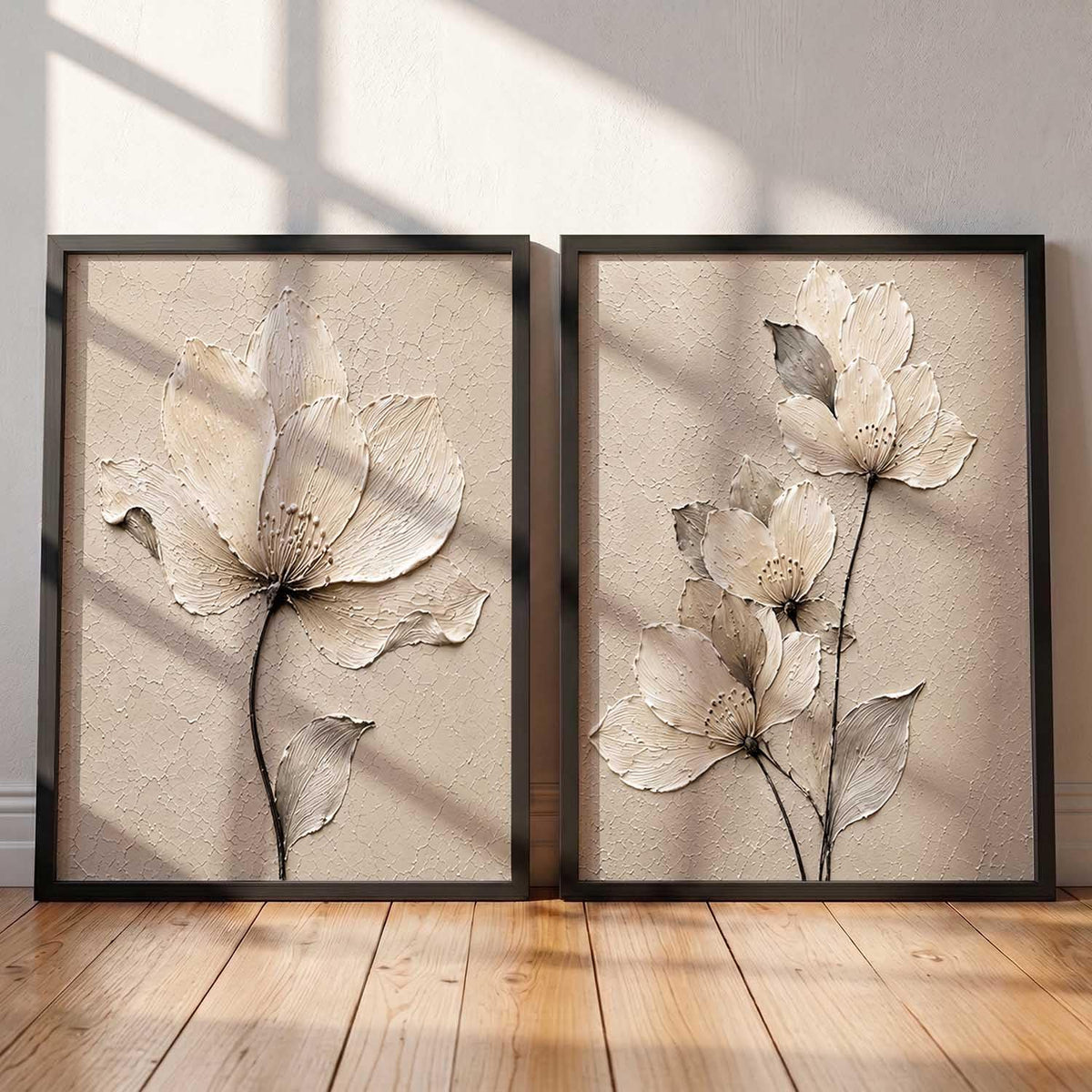2 Piece Framed Wall Art Set, 3D Textured Floral Botanical Painting, Modern Abstract Flower Wall Decor for Living Room Bedroom Dining Room Office, Ready to Hang, Ideal for Housewarming Gift (design 3, 13X19, Black)