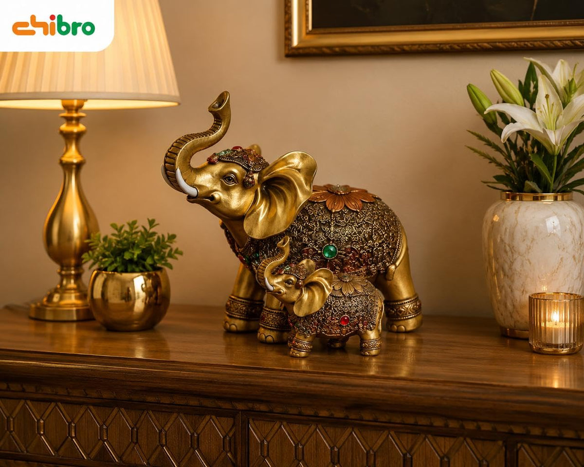 Decorative Elephant Showpiece for Home Décor | Resin Lucky Elephant Statue with Mother & Baby Design | Tabletop Feng Shui Good Luck Idol (Golden Elephant Family)