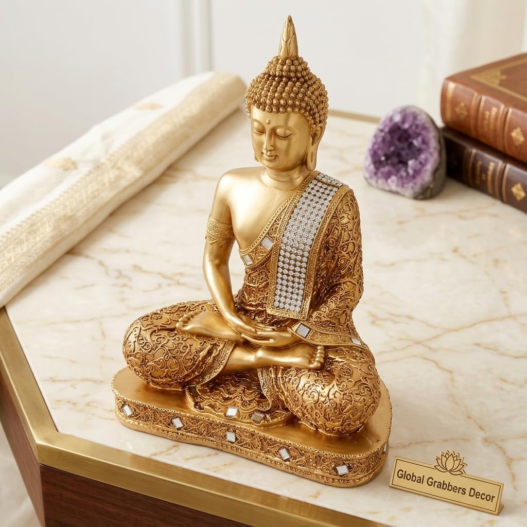 Global Grabbers New 25 Centimetre Meditating Sitting Buddha Statue showpiece Idol Home Decor Items for Living Room and Gifts (Golden2)
