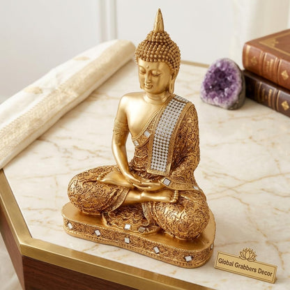 Global Grabbers New 25 Centimetre Meditating Sitting Buddha Statue showpiece Idol Home Decor Items for Living Room and Gifts (Golden2)