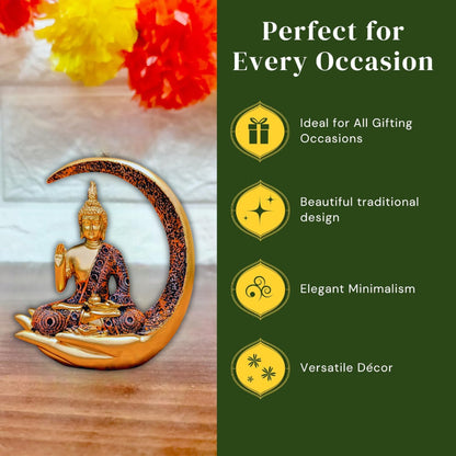 Big Meditating Moon Buddha Statue Showpiece Bronze Finish | Spiritual Home Decor Idol for Living Room Office Table Meditation Corner | Peaceful Zen Figurine Gift 20.3 x 7.6 cm