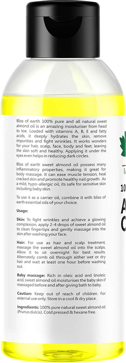 Bliss of Earth� 100% Pure & Natural Sweet Almond Oil (Coldpressed & Unrefined) Extracted From Whole Almond Kernels (100ML)