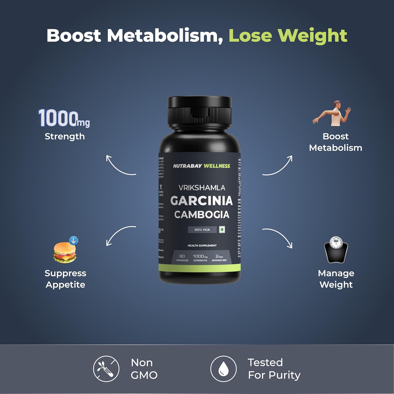 Garcinia Cambogia supplement bottle with health benefits on a blue background