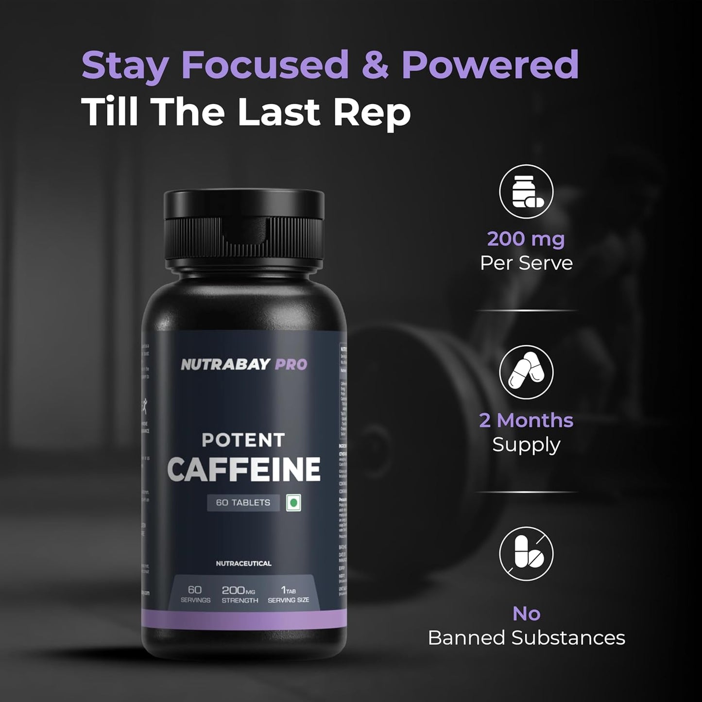 Nutrabay Pro caffeine supplement bottle with text on a dark background