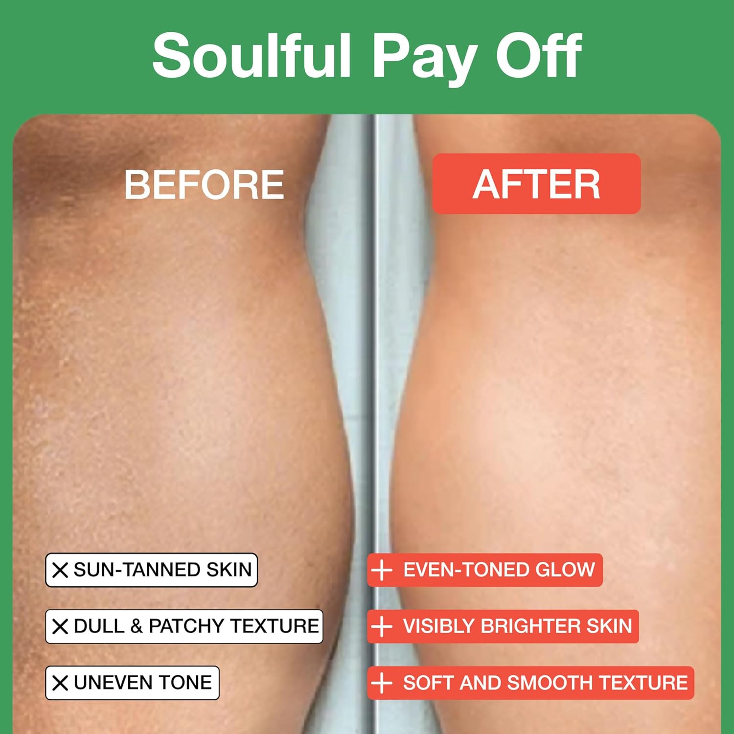 Before and after comparison of sun-tanned skin with text highlighting improvements.